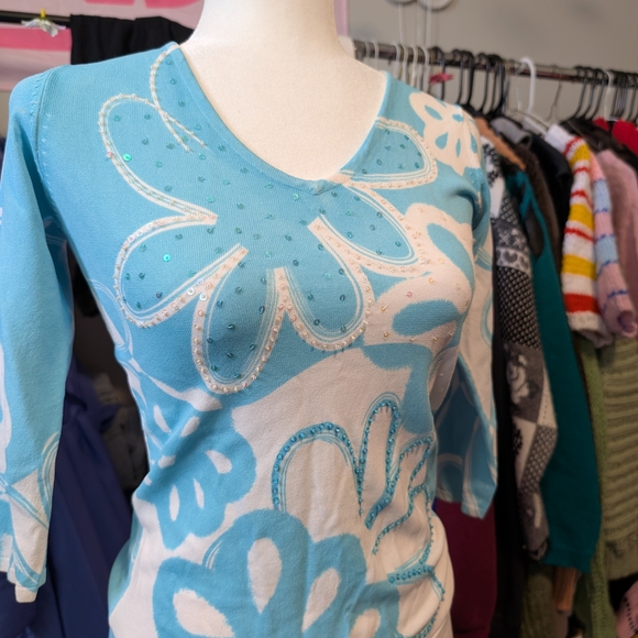 Tradition Tops - Aqua Floral Long Sleeve Women's Top